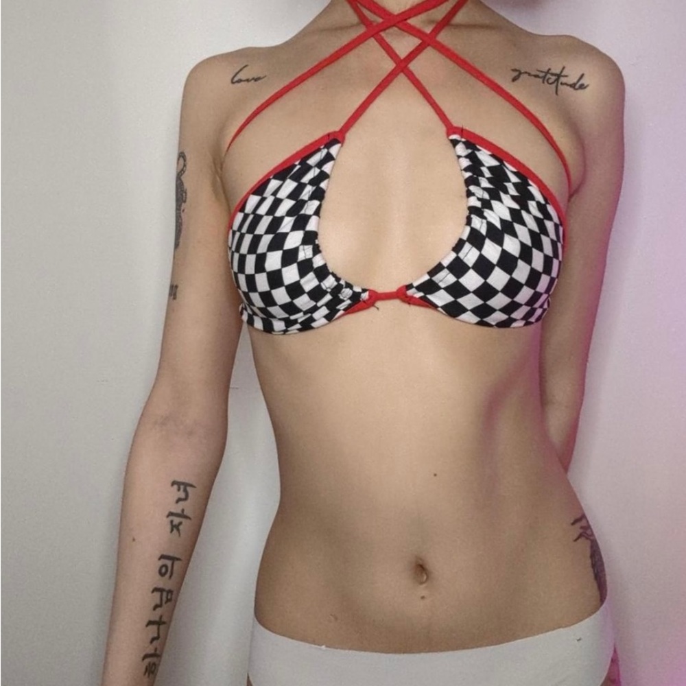 Black white red checker bikini top / crop top